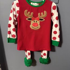 Festive Reindeer Kids Pajama Set - Red and White